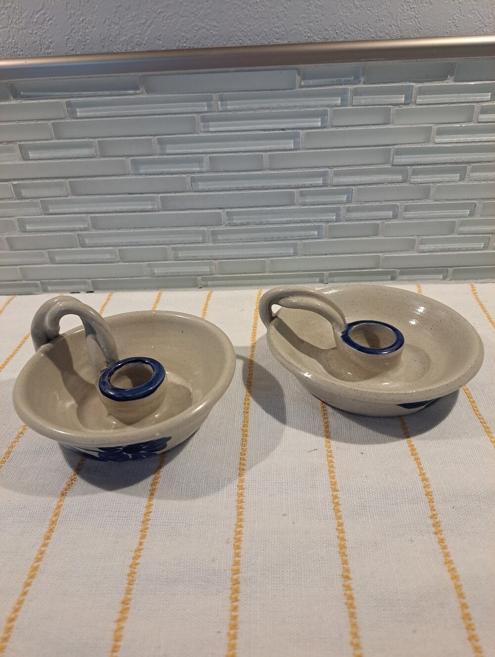 2 Williamsburg Salt Glazed Pottery Pair Of CANDLE HOLDERS w/Twisted Handle